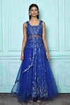 Samyukta Singhania_Blue Net Embroidered Resham U Neck Sequin Gown _Online_at_Aza_Fashions