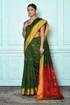 Buy_Samyukta Singhania_Green Blended Cotton Woven Geometric Colorblock Saree _Online_at_Aza_Fashions