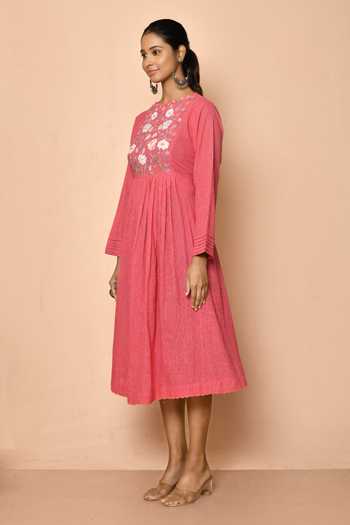 long yoke panel kurta - taupe tenderness & rosebud symphony