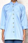 Naintara Bajaj_Blue Cotton Embellished Chain Ruffle High Neck Collar Shirt_Online_at_Aza_Fashions