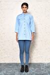 Buy_Naintara Bajaj_Blue Cotton Embellished Chain Ruffle High Neck Collar Shirt_Online_at_Aza_Fashions