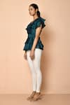 Naintara Bajaj_Emerald Green Organza Ruffles, Bows V-neck Layered Peplum Top With Tie-up Belt _at_Aza_Fashions