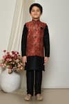 Shop_Petite Pomme_Maroon Brocade, Silk, Faux Leather Mughal Floral Print Jacket Kurta Set _Online_at_Aza_Fashions