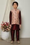 Shop_Petite Pomme_Wine Brocade, Silk Embroidery Vivid Persian Floral Print Jacket Kurta Set _Online_at_Aza_Fashions