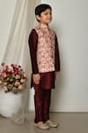 Petite Pomme_Wine Brocade, Silk Embroidery Vivid Persian Floral Print Jacket Kurta Set _at_Aza_Fashions