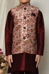 Buy_Petite Pomme_Wine Brocade, Silk Embroidery Blooming Floral Print Jacket Kurta Set 