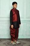 Shop_Aryavir Malhotra_Maroon Silk Blend Overlap Bundi And Dhoti Pant Set 