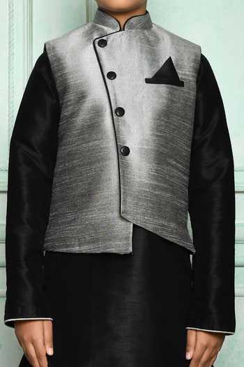 Shop_Petite Pomme_Gray Silk Grey Bundi And Black Kurta Dhoti Set _Online_at_Aza_Fashions