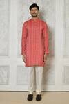 Shop_Samyukta Singhania_Coral Cotton Silk Printed Geometric Pattern Kurta Set_Online_at_Aza_Fashions