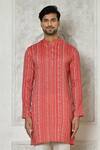 Samyukta Singhania_Coral Cotton Silk Printed Abstract Stripe Kurta_at_Aza_Fashions