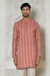 Samyukta Singhania_Pink Cotton Silk Printed Geometric Stripe Short Kurta _at_Aza_Fashions