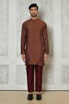 Samyukta Singhania_Brown Cotton Silk Printed Stripe Mandarin Collar Kurta_Online_at_Aza_Fashions