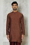 Samyukta Singhania_Brown Cotton Silk Printed Stripe Mandarin Collar Kurta_at_Aza_Fashions
