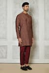 Shop_Samyukta Singhania_Brown Cotton Silk Printed Stripe Mandarin Collar Kurta_Online_at_Aza_Fashions