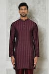 Samyukta Singhania_Maroon Cotton Silk Printed Floral Stripe Short Kurta _at_Aza_Fashions