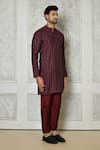 Shop_Samyukta Singhania_Maroon Cotton Silk Printed Floral Stripe Short Kurta _Online_at_Aza_Fashions