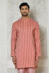 Samyukta Singhania_Coral Cotton Silk Printed Linear Short Mandarin Collar Kurta_at_Aza_Fashions