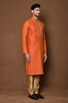 Buy_Aryavir Malhotra_Orange Kurta Raw Silk Embroidered Threadwork Patterned With Contrast Churidar