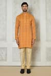 Samyukta Singhania_Orange Cotton Silk Printed Checkered Kurta _Online_at_Aza_Fashions