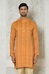 Samyukta Singhania_Orange Cotton Silk Printed Checkered Kurta _at_Aza_Fashions