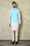 Shop_Aryavir Malhotra_Blue Silk Blend Embroidered Chikankari Geometric Thread Work Bundi And Kurta Set _Online_at_Aza_Fashions