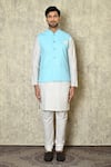 Shop_Aryavir Malhotra_Blue Silk Blend Embroidered Chikankari Geometrical Work Bundi And Kurta Set _Online_at_Aza_Fashions