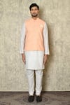 Shop_Aryavir Malhotra_Peach Silk Blend Embroidered Chikankari Geometric Work Bundi And Plain Kurta Set _Online_at_Aza_Fashions