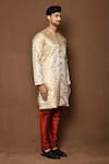 Buy_Aryavir Malhotra_Beige Sherwani Raw Silk Floral Blooming Pattern With Churidar 