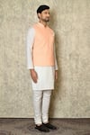 Aryavir Malhotra_Peach Silk Blend Embroidered Chikankari Botanical Work Bundi And Kurta Set _at_Aza_Fashions