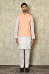 Shop_Aryavir Malhotra_Peach Silk Blend Embroidered Chikankari Botanic Work Bundi And Plain Kurta Set _Online_at_Aza_Fashions