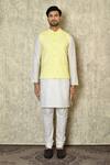 Aryavir Malhotra_Yellow Silk Blend Embroidered Chikankari Floral Work Bundi And Kurta Set _at_Aza_Fashions