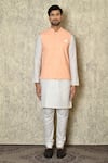 Shop_Aryavir Malhotra_Peach Silk Blend Embroidered Chikankari Geometric Work Bundi And Kurta Set _Online_at_Aza_Fashions