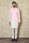 Aryavir Malhotra_Pink Silk Blend Embroidered Chikankari Floral Work Bundi And White Kurta Set _at_Aza_Fashions