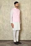 Buy_Aryavir Malhotra_Pink Silk Blend Embroidered Chikankari Floral Work Bundi And White Kurta Set 