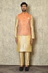 Samyukta Singhania_Orange Jacquard Silk Woven Floral Pattern Bundi And Kurta Set _at_Aza_Fashions