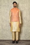 Samyukta Singhania_Orange Jacquard Silk Woven Floral Motifs Pattern Bundi _Online_at_Aza_Fashions