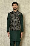 Shop_Aryavir Malhotra_Green Cotton Printed Leaf Bundi Kurta Set _Online_at_Aza_Fashions