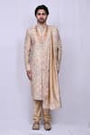 Shop_Aryavir Malhotra_Beige Kurta Georgette Embroidered Mandala Work Geometric Design Sherwani Set_Online_at_Aza_Fashions