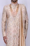 Aryavir Malhotra_Beige Kurta Georgette Embroidered Mandala Work Geometric Design Sherwani Set_at_Aza_Fashions