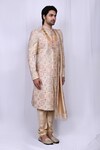 Shop_Aryavir Malhotra_Beige Kurta Georgette Embroidered Mandala Work Geometric Design Sherwani Set