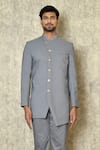 Buy_Aryavir Malhotra_Grey Cotton Silk Lycra Plain Asymmetric Placket Bandhgala And Pant Set _Online_at_Aza_Fashions