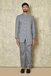 Buy_Aryavir Malhotra_Grey Cotton Silk Lycra Plain Asymmetric Placket Bandhgala _Online_at_Aza_Fashions