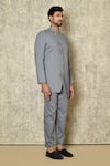 Aryavir Malhotra_Grey Cotton Silk Lycra Plain Asymmetric Placket Bandhgala And Pant Set _at_Aza_Fashions