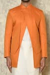 Naintara Bajaj_Orange Bandhgala Cotton Linen Plain Asymmetric Placket Kurta Set_at_Aza_Fashions