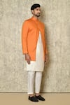 Naintara Bajaj_Orange Bandhgala Cotton Linen Plain Asymmetric Placket Kurta Set_Online