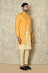 Aryavir Malhotra_Beige Bandhgala Cotton Linen Plain Asymmetric Layered Set _Online