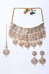 Zevar By Geeta_Gold Plated Pearls, Stones Crecent Moon And Floral Cut Work Jewellery Set _Online_at_Aza_Fashions