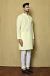 Aryavir Malhotra_Yellow Cotton Chikankari Embroidered Thread Work Kurta And Pant Set _at_Aza_Fashions