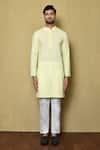 Buy_Aryavir Malhotra_Yellow Cotton Chikankari Embroidered Work Mandarin Collar Kurta And Pant Set _Online_at_Aza_Fashions