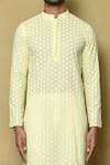 Buy_Aryavir Malhotra_Yellow Cotton Chikankari Embroidered Work Mandarin Collar Kurta And Pant Set 